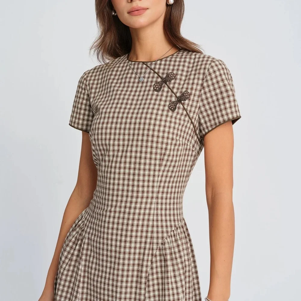RIHOAS Brown and Cream Gingham Midi Dress - Picture 4 of 7